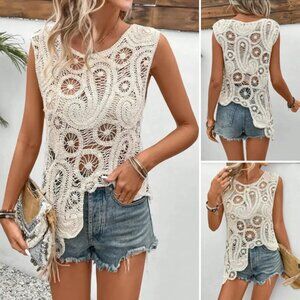 New Crochet Lace Knit Elegant Cream Lace Sleeveless Blouse Top Sheer Solid Color